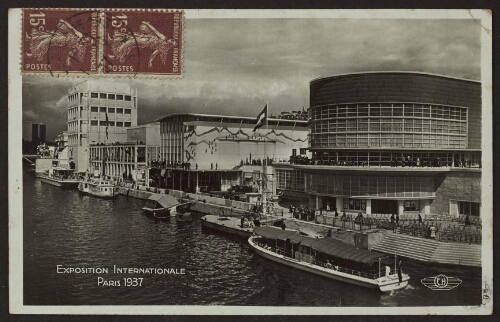Exposition internationale Paris 1937. 152 Les pavillons de la Belgique, de la Suisse et de l'Italie (vus du pont d'Iéna) 