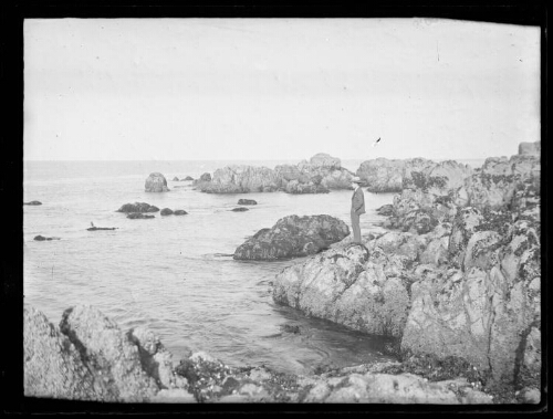 Paysage côtier : un homme sur un rocher regarde la mer
