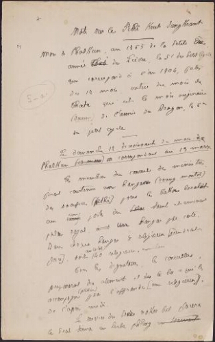 Vocabulaire judiciaire. Propagande française au Cambodge. Système métrique. Règlements du palais royal. Amendes. Origines brahmaniques des lois cambodgiennes. Souhait de longue vie au roi. Savoda Veath Sambok. 5 - Note sur le Pithî Krut Sangkrant