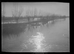 Inondation : champ inondé avec le reflet des arbres dans l'eau ; en arrière-plan, un homme sur sa barque