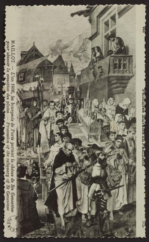 Peintures murales du Panthéon. Maillot. - L'an 1496, les bourgeois de Paris portent la châsse de Ste Geneviève pour obtenir la cessation des pluies. - Procession of the reliquary of St Genevieve. ND