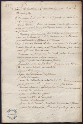 Principales dispositions pour la séance du 24 avril 1784 [où sera prononcé le serment de suivre le Rite Ecossais]