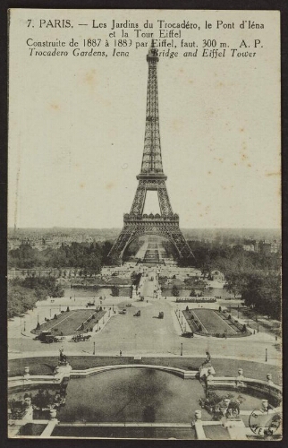 Paris. - Les jardins du Trocadéro, le pont d'Iéna et la tour Eiffel 