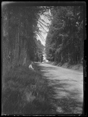 Paysage : Marc Bry assis dans l'herbe près de son vélo sur le bas côté d'une route de forêt