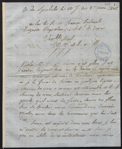 [Spalato Dalmatie] 2 lettres adressées en 1808 à la Loge Eugène Napoléon à l'O... de Zara