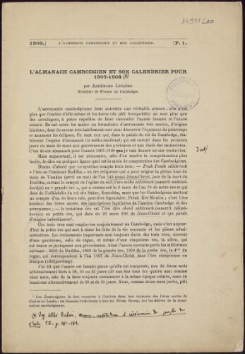 L'Almanach cambodgien et son calendrier pour 1907-1908