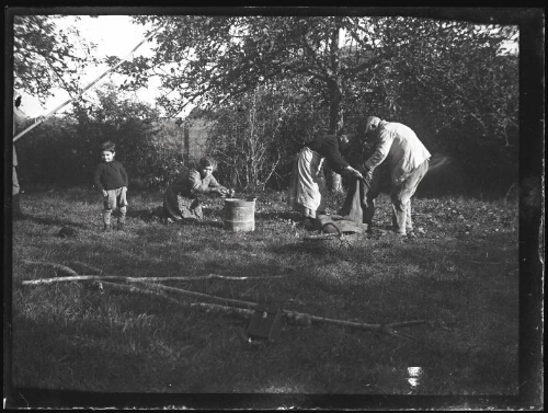 Scène de cueillette des pommes avec Gustave et Augustine Chevalier, les grands-parents de Marc Bry, au lieu-dit « Le Gué » à Essay (Orne), le 27 octobre 1929