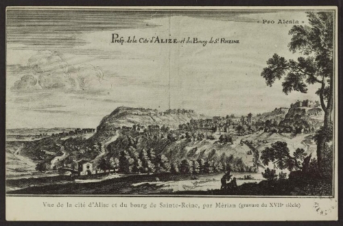 Vue de la cité d'Alise et du bourg de Sainte-Reine, par Mérian (gravure du XVIIe siècle) 